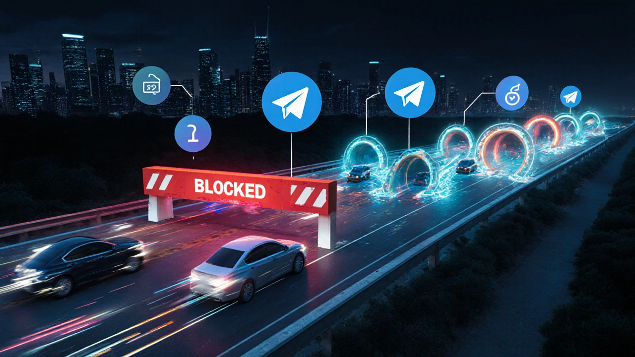 Цифровая дорога с сообщениями Telegram, автоматически перенаправляющимися через альтернативные прокси-туннели.