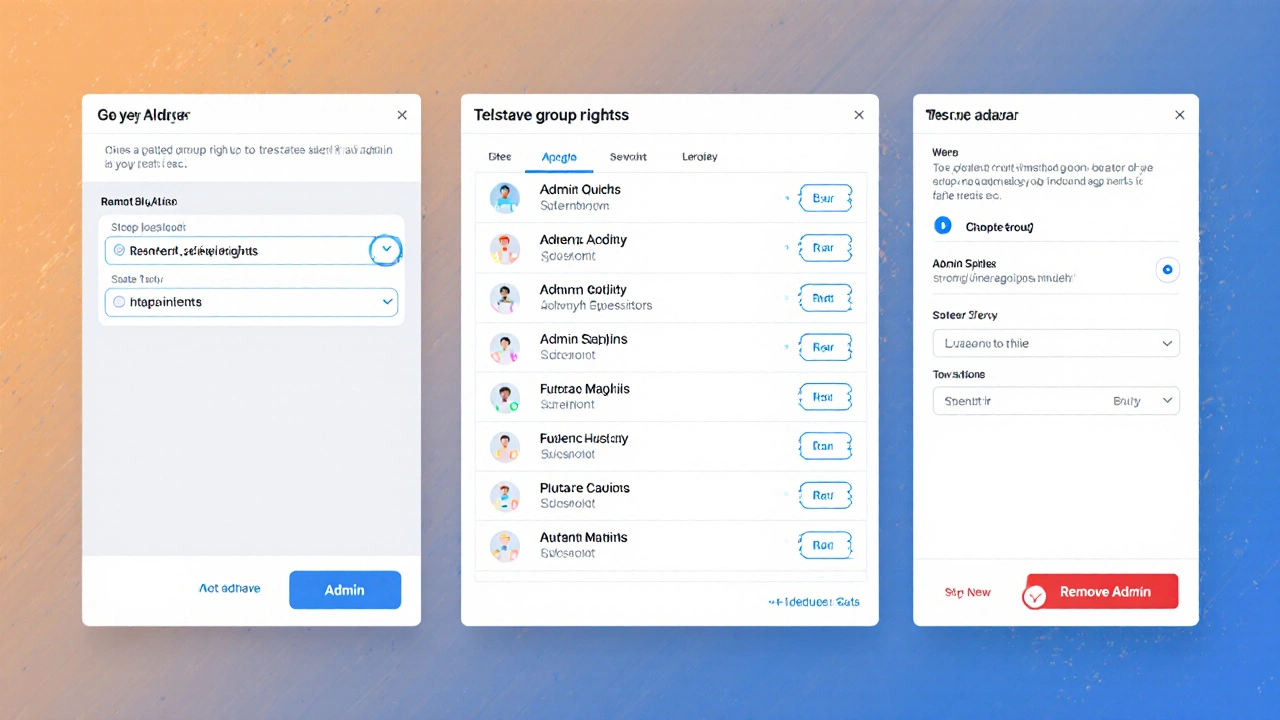 Цифровая иллюстрация управления группой Telegram с панелями прав администраторов.