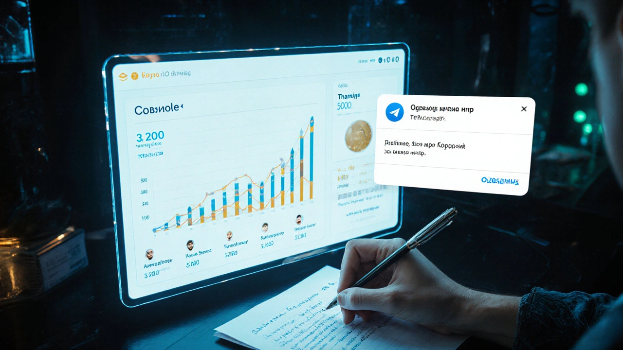 Цифровая панель с графиком сбора донатов и уведомлением о помощи от подписчика, в стиле мягкой неоновой графики.