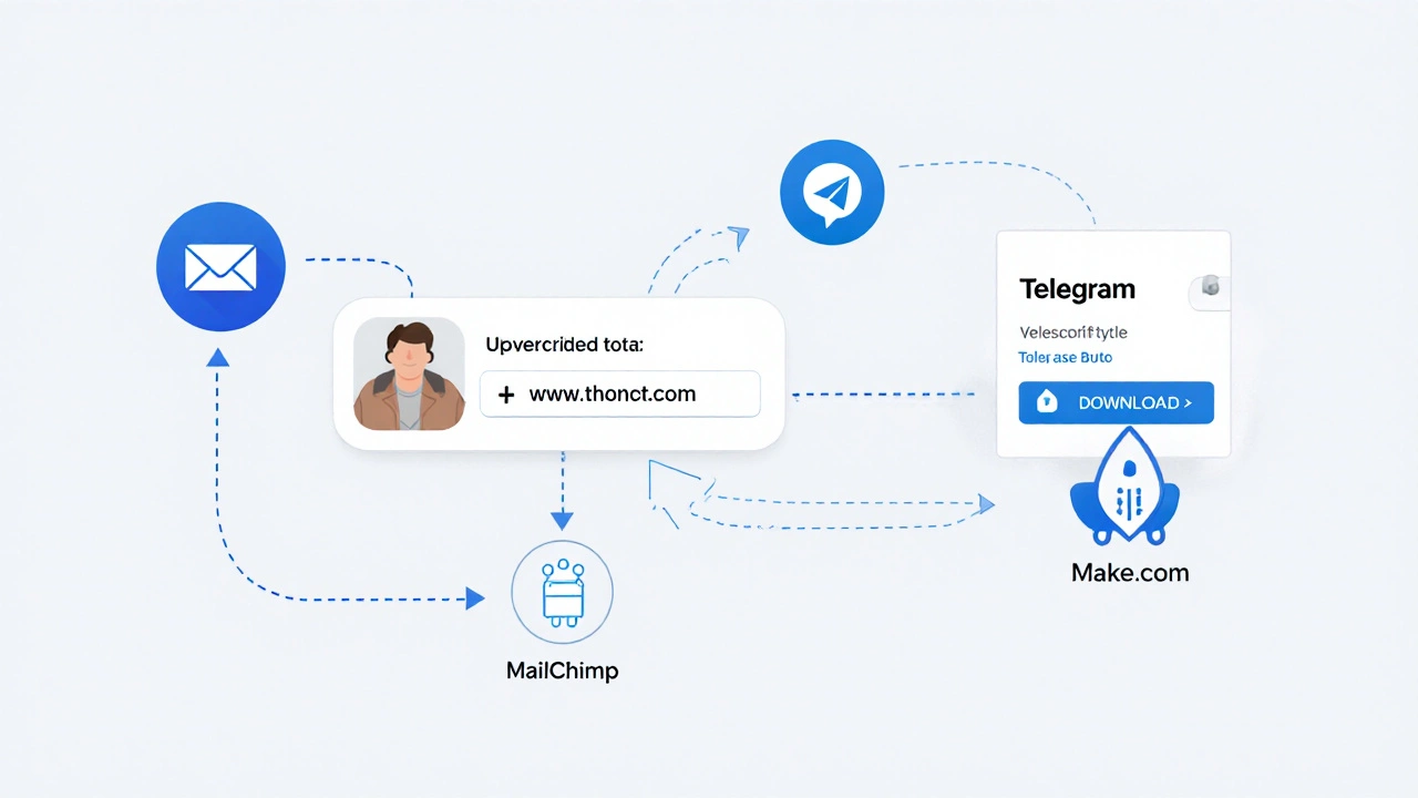 Цифровая схема интеграции email и Telegram через Zapier с иконками сервисов.