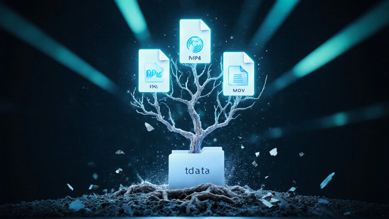Цифровое дерево файлов, разветвляющееся на фото, видео и документы, корни в папке tdata.