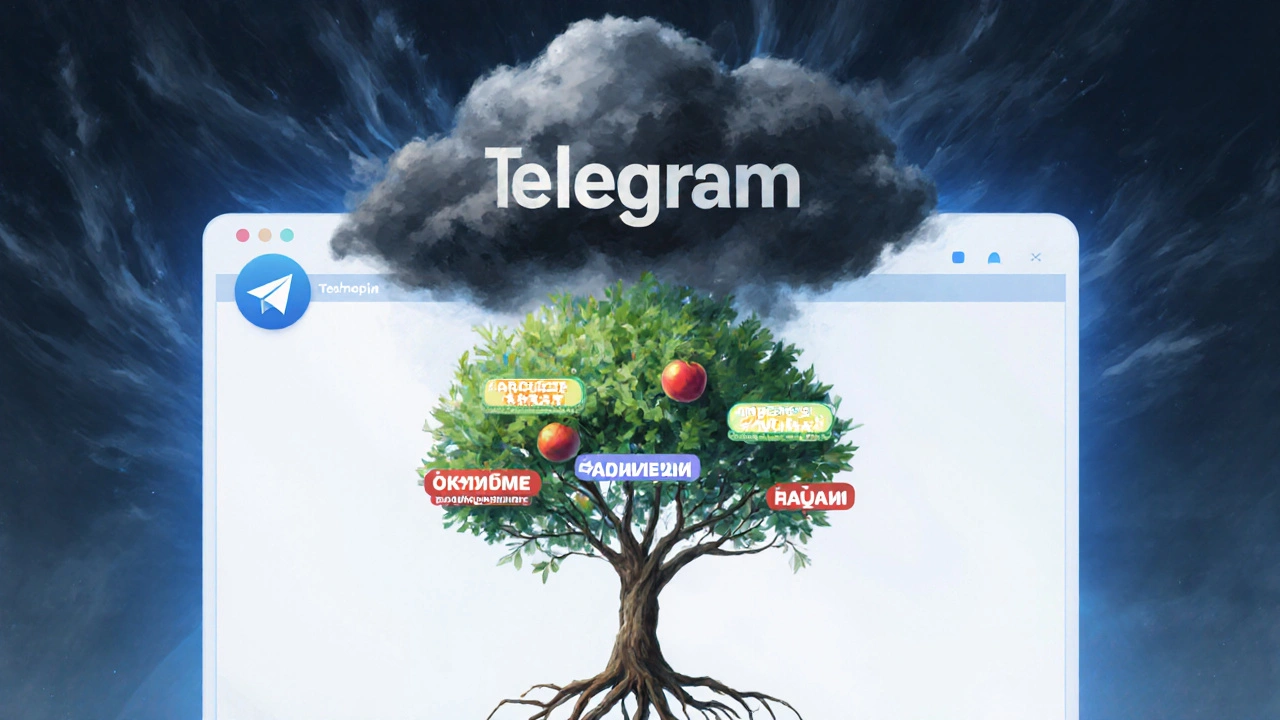Цифровое дерево с корнями из ценности и доверия, растущее в интерфейсе Telegram, отталкивающее тучу спама, символизирующее безопасную монетизацию.