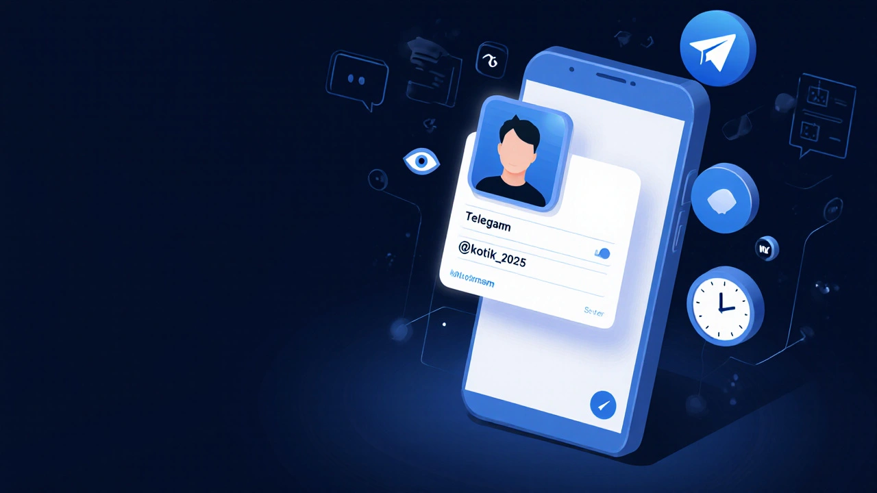 Цифровой профиль Telegram с настраиваемым именем, username и иконками приватности, оформленный в минималистичном стиле.