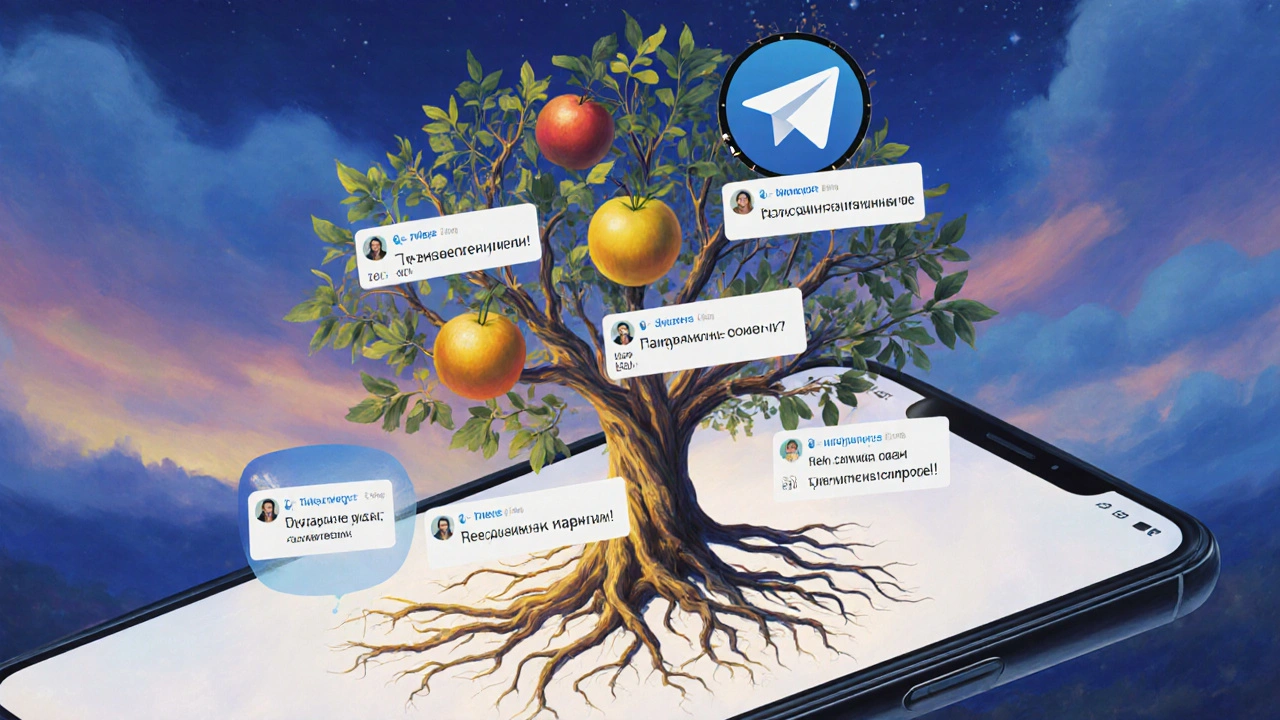 Дерево растет из телефона, плоды — вовлеченность и доверие, листья — комментарии подписчиков.