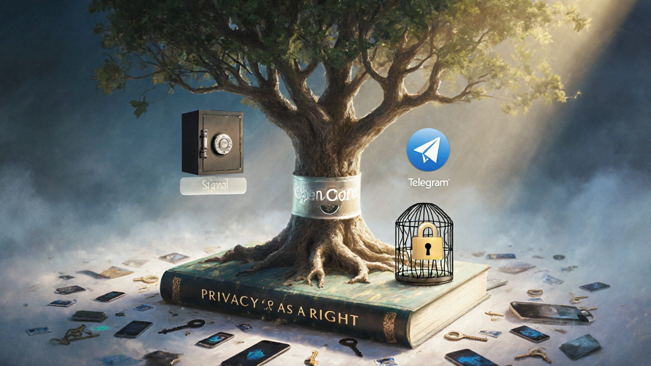 Дерево с корнями в открытых исходных кодах, ветви — Signal, Telegram и Element — с разной степенью защиты.