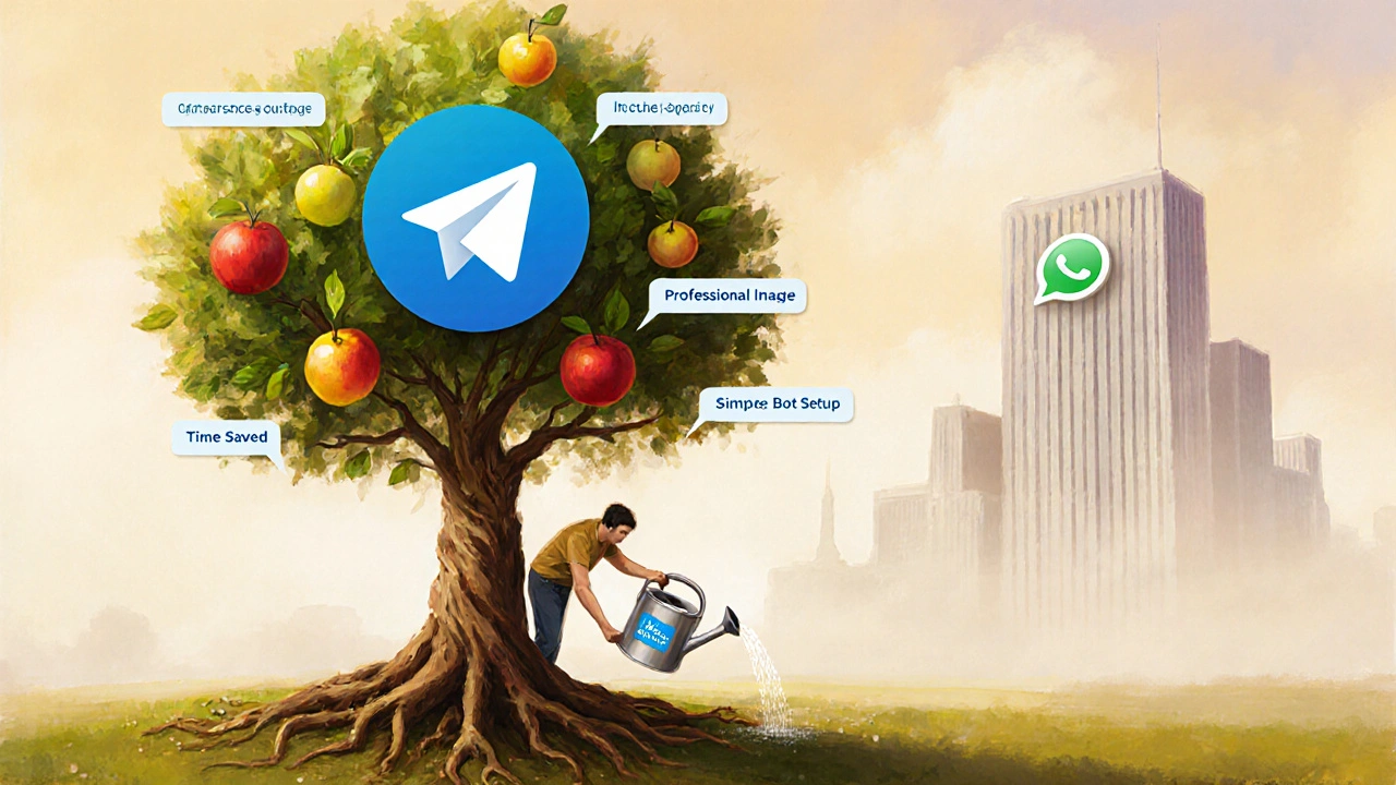 Дерево с плодами &#039;Сэкономленное время&#039; и &#039;Заказы&#039;, поливаемое человеком, который настроил простого бота.