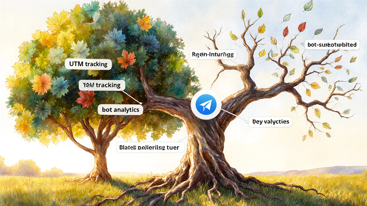 Дерево, символизирующее Telegram-канал, с двумя ветвями: одна пышная и здоровая, другая с сухими листьями, падающими вниз.