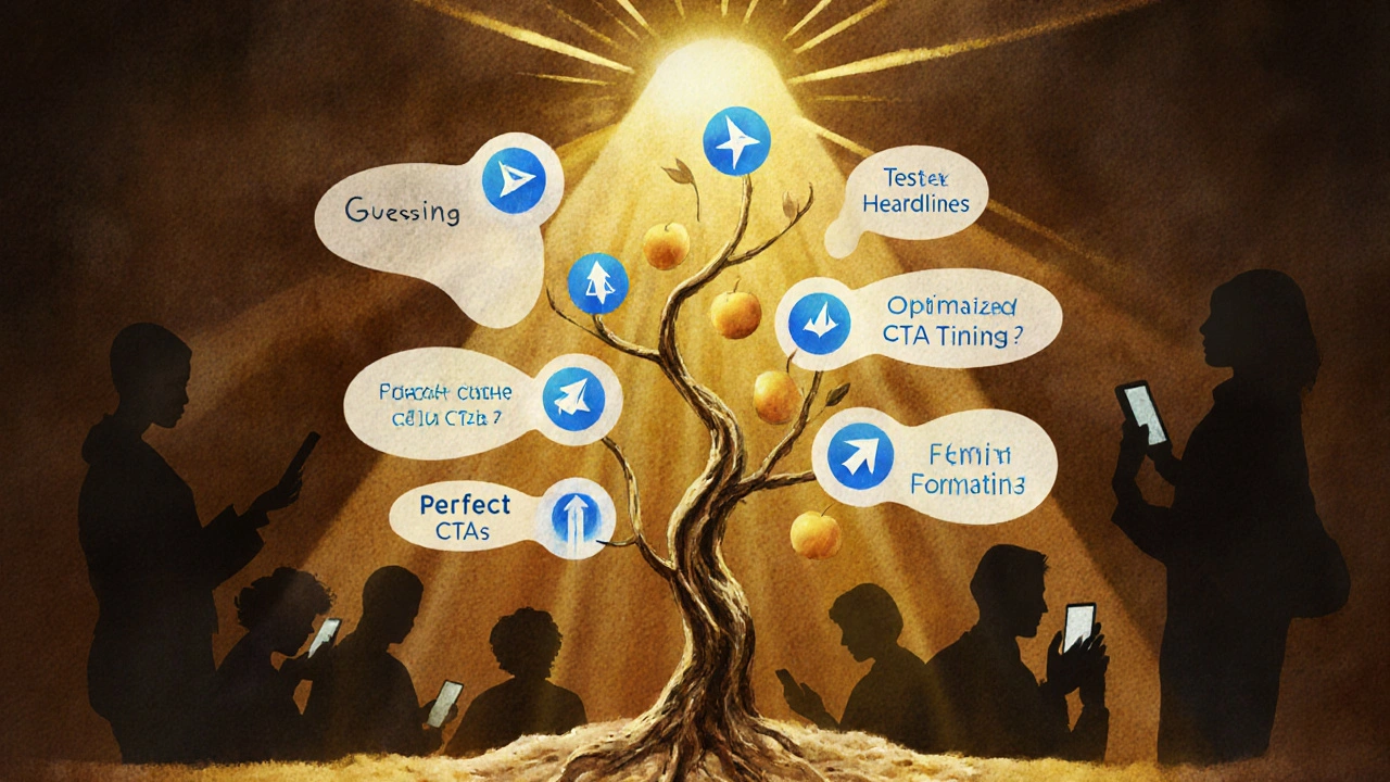 Дерево знаний, растущее из A/B-тестирования, с плодами в виде сообщений Telegram.