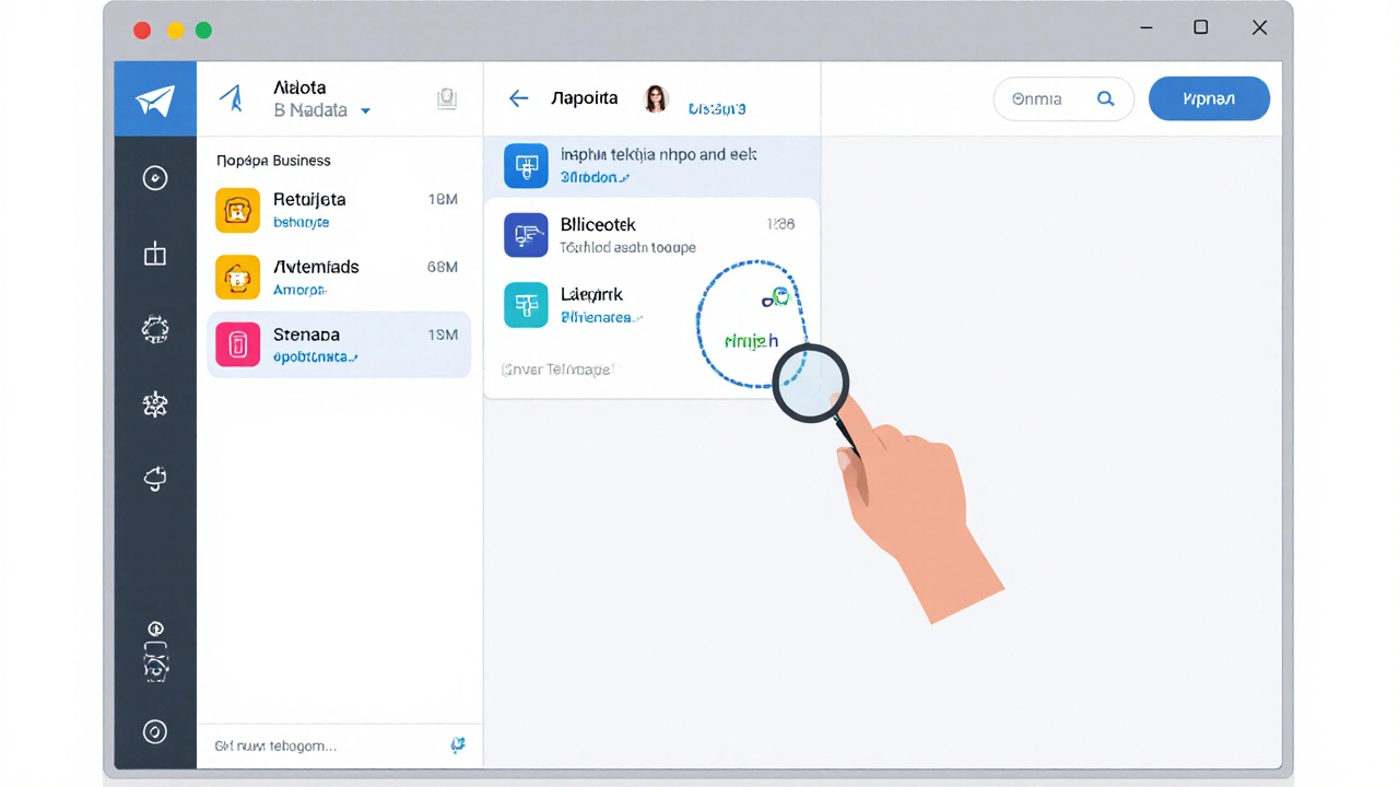 Десктопный интерфейс Telegram с категорией 'Работа' и цветными метками, остальные чаты скрыты.