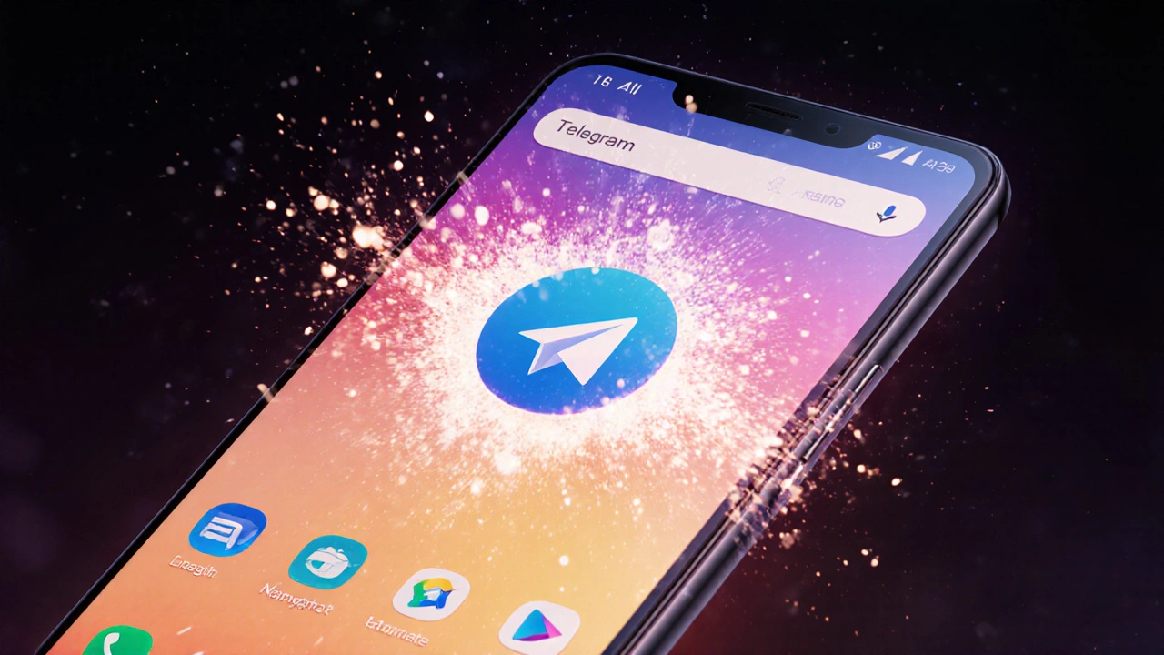 Динамическая иконка Telegram на Android с частицами и цветными эффектами на фоне лаунчера Nova.