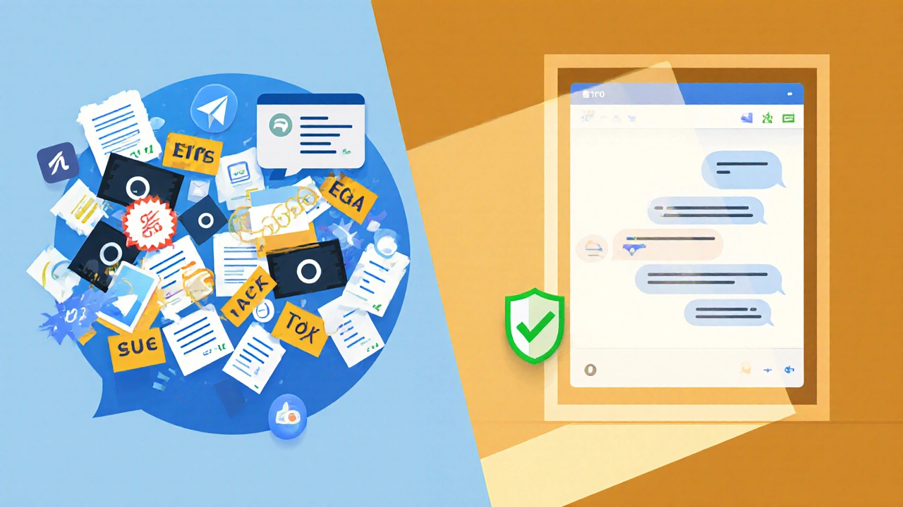 До и после: хаотичный чат с спамом слева и чистый текстовый чат справа.