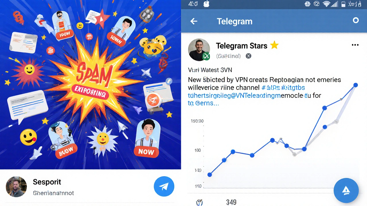 Два противоположных канала Telegram: один — спам с кричащими кнопками, другой — спокойный пост с обзором VPN и мягким значком Telegram Stars.