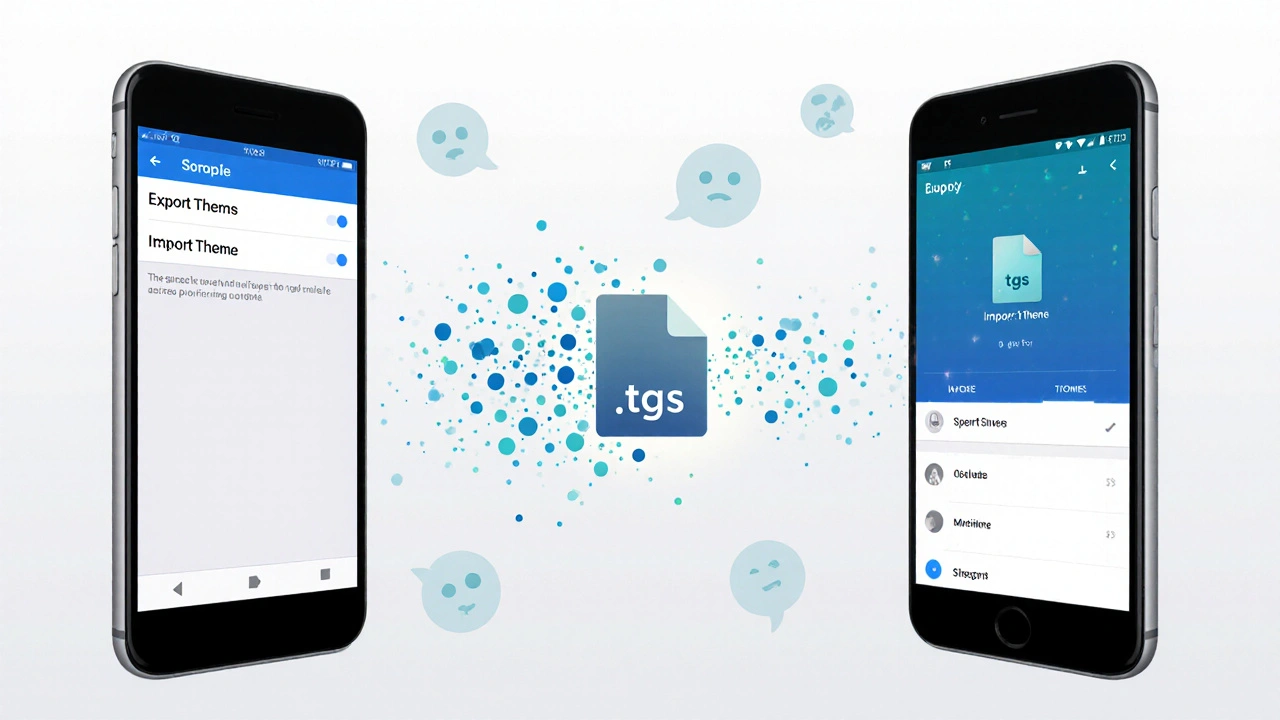 Два смартфона, между которыми передаётся файл темы Telegram в виде цветных частиц.