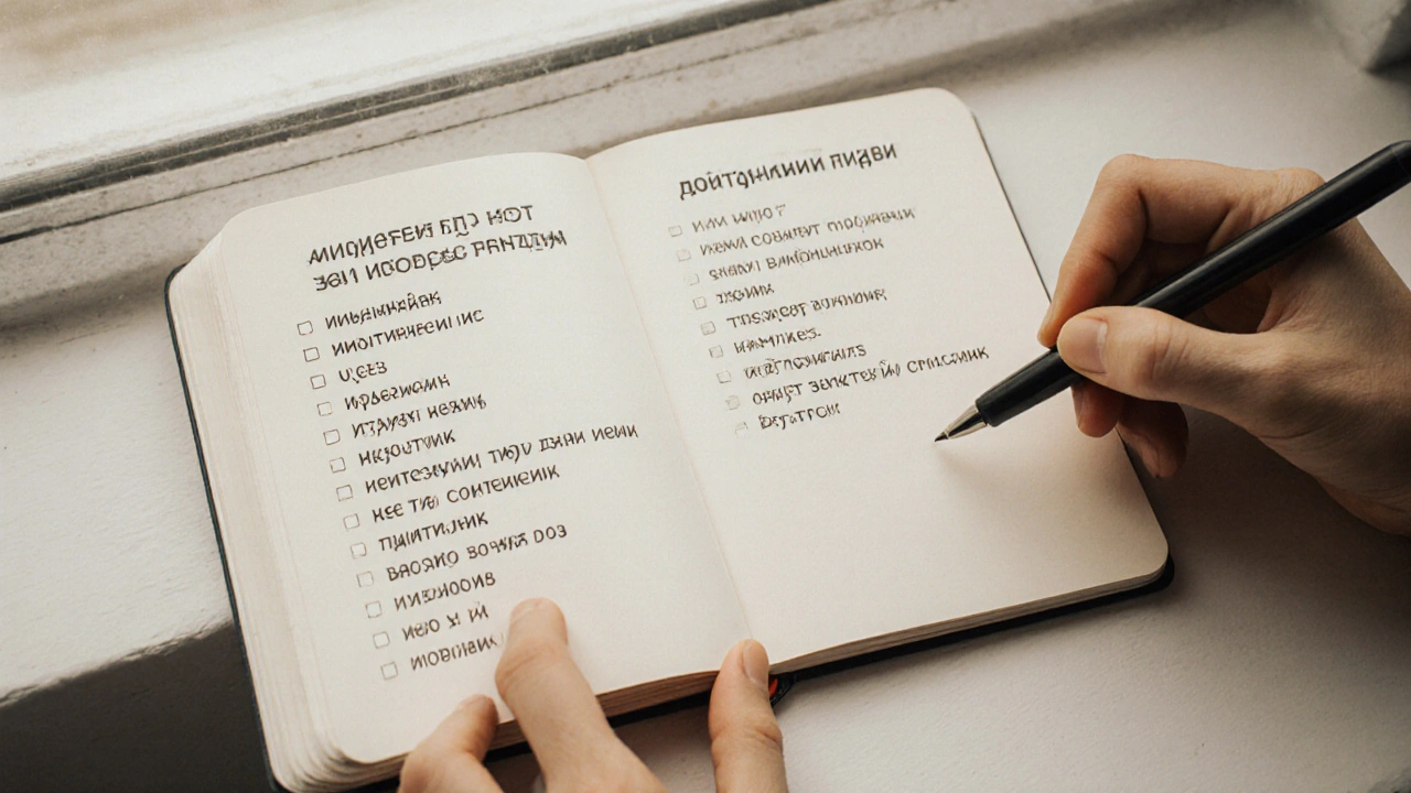 Два списка: бесполезные темы слева и конкретные решения справа на блокноте.