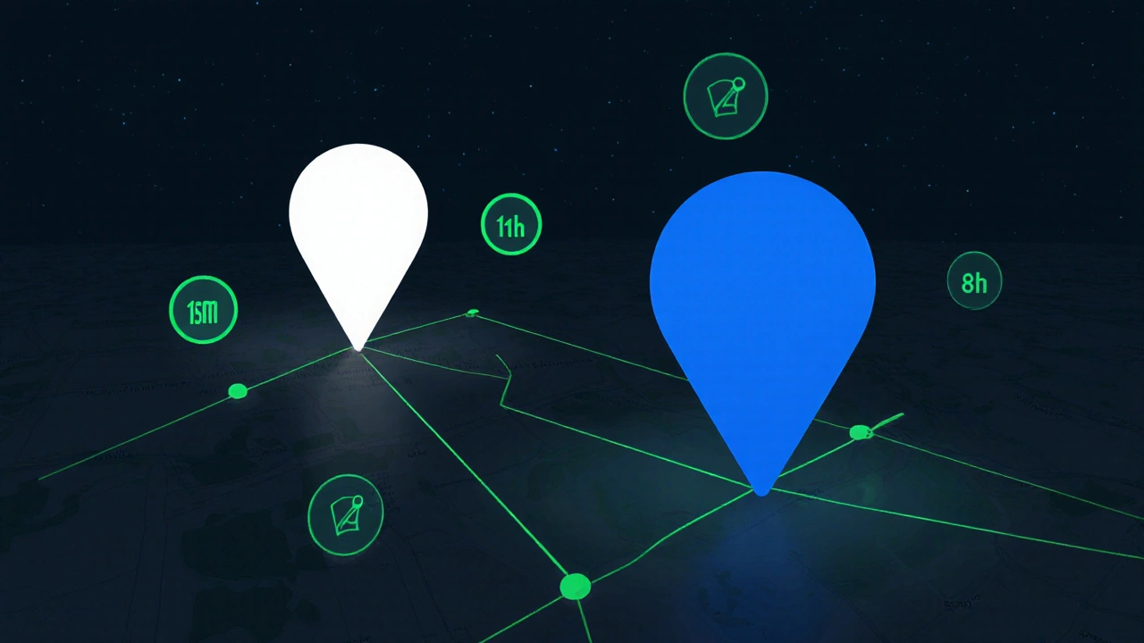 Две точки на карте соединены временными метками — символ обмена локацией в Telegram.