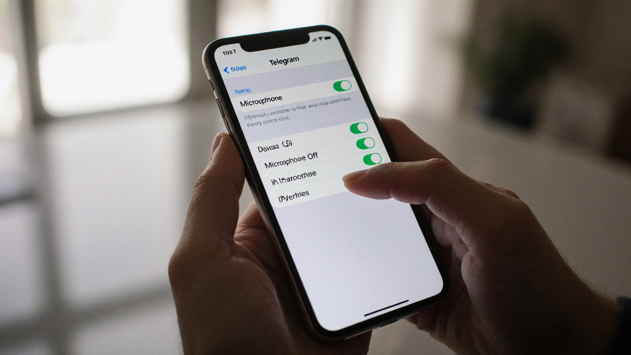 Экран iPhone с отключенными разрешениями микрофона и геолокации для Telegram, рука нажимает подтверждение.