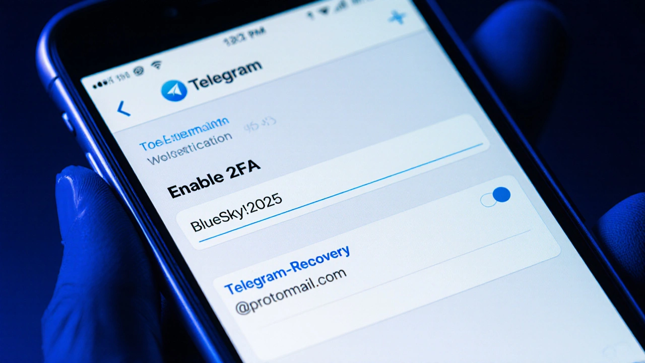 Экран телефона с настройками двухфакторной аутентификации Telegram и полем для пароля и email восстановления.