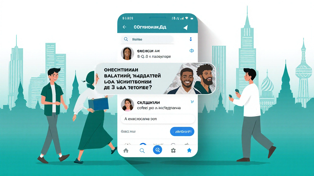 Экран телефона с рекламой Telegram в ленте и поиске, текст на русском языке.