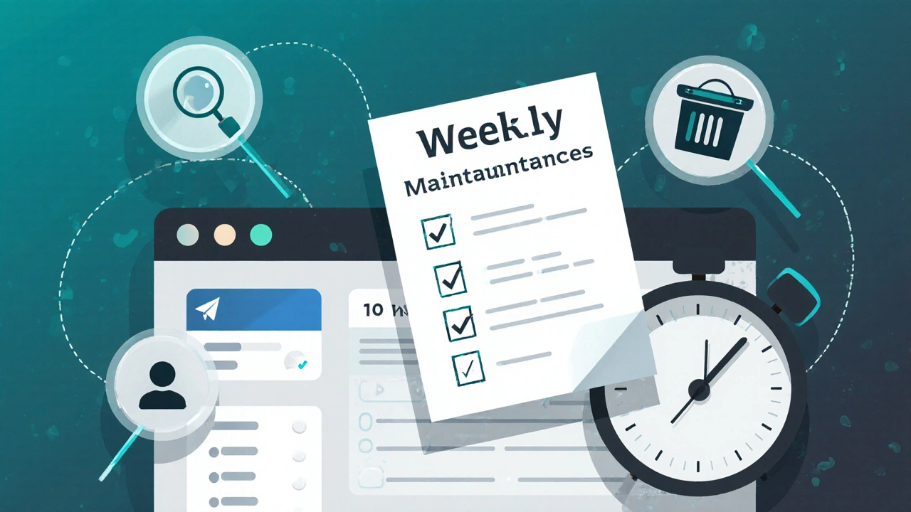 Еженедельный чек-лист для модерации Telegram-группы с иконками сканирования, удаления и проверки участников.