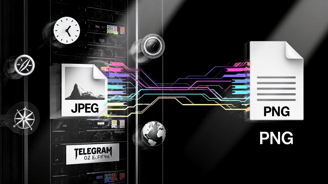 Файл изображения проходит через сервер Telegram, где метаданные удаляются.