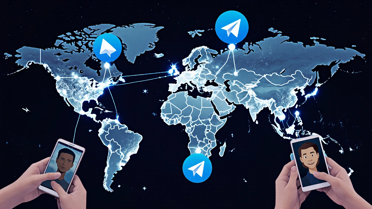 Глобальная сеть узлов TON, соединяющих телефоны пользователей по всему миру, с иконками Telegram над городами.