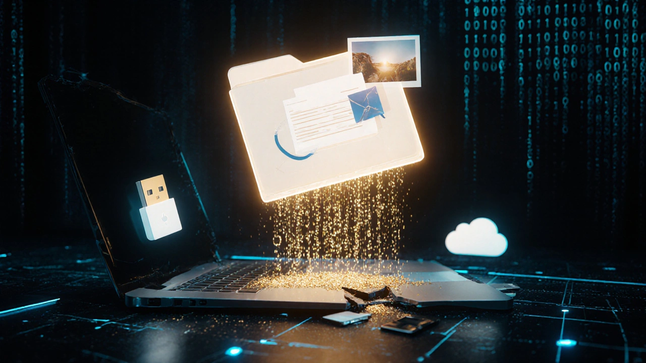 Горящая папка tdata с потоком данных, переходящих в флешку и облако, на темном фоне.