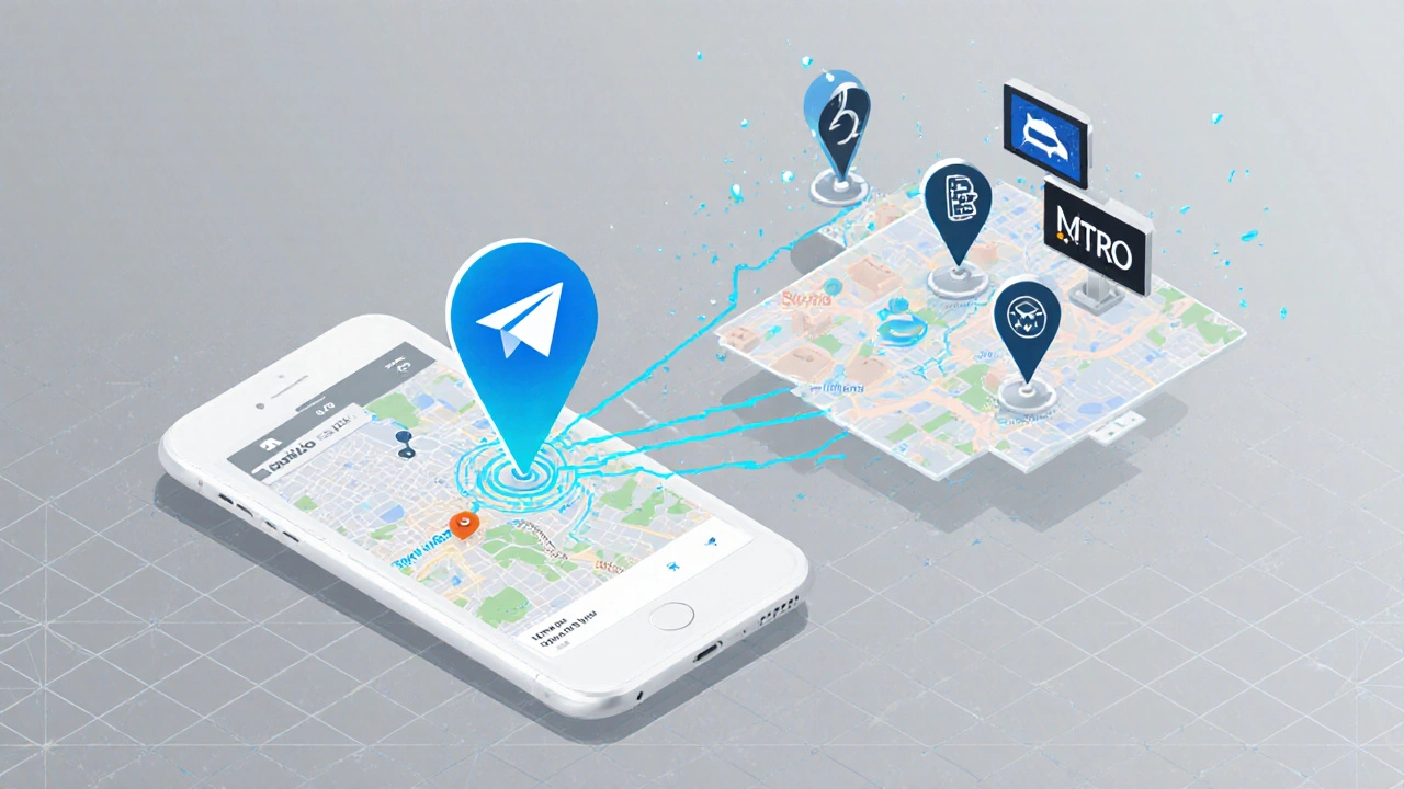 Графическая схема: данные геолокации передаются от телефона к боту, который отображает три точки интереса на карте.