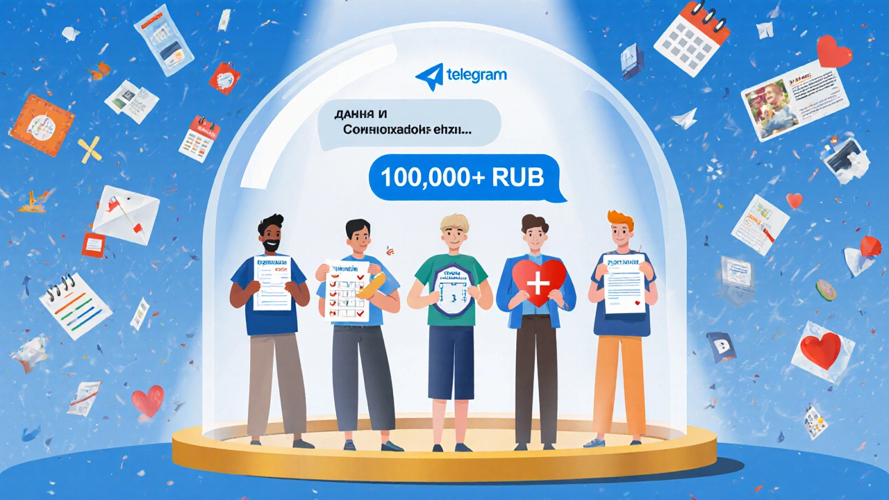 Группа людей внутри пузыря с доходом 100 000+ рублей, держащих разные цифровые продукты.
