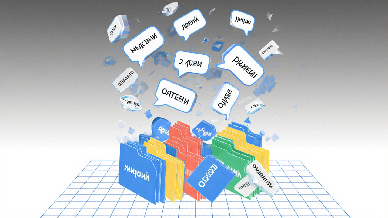 Хаотичные чат-пузыри превращаются в упорядоченные цветные категории, символизируя организацию в Telegram.