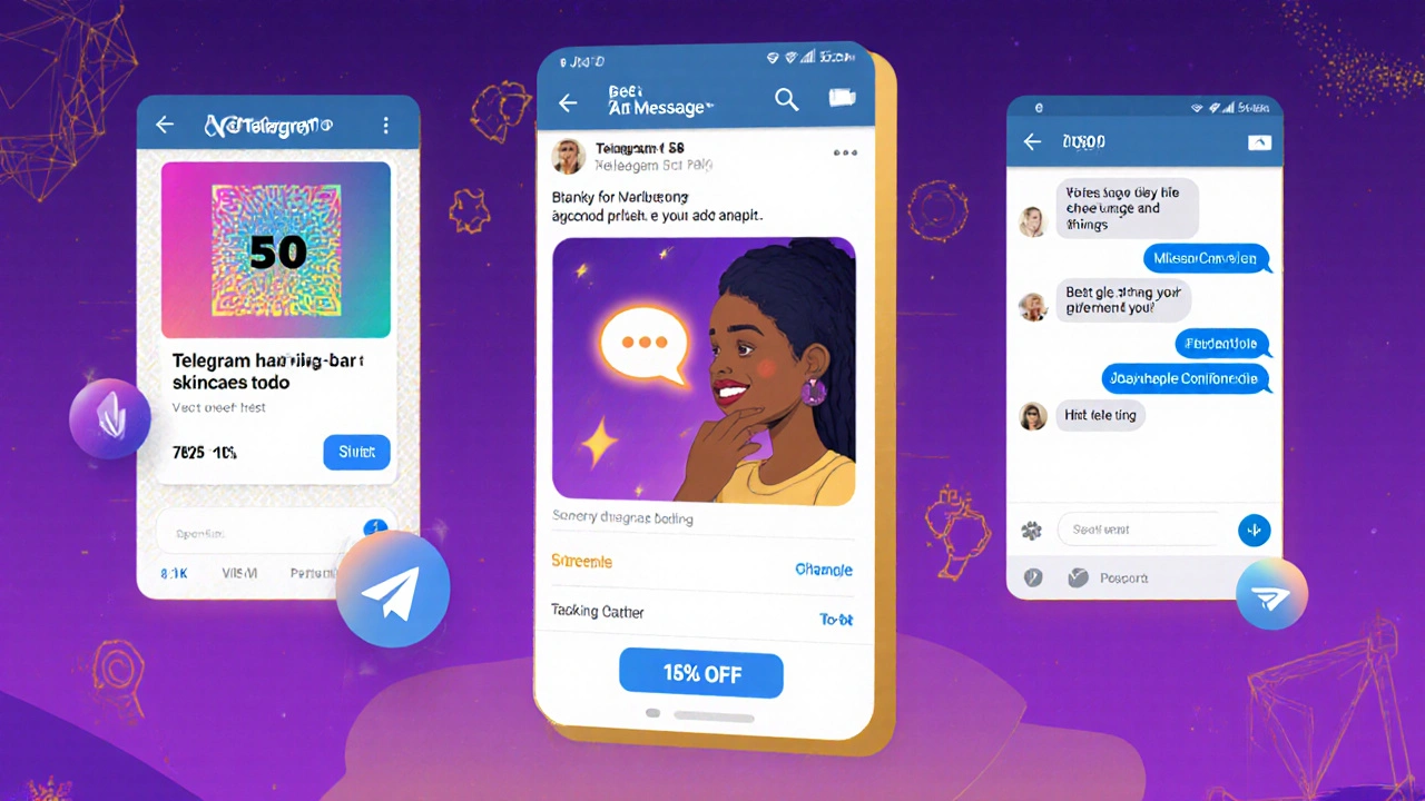 Интерфейс Telegram с рекламным пакетом: пост, сторис, аудио и бот с кнопкой скидки.