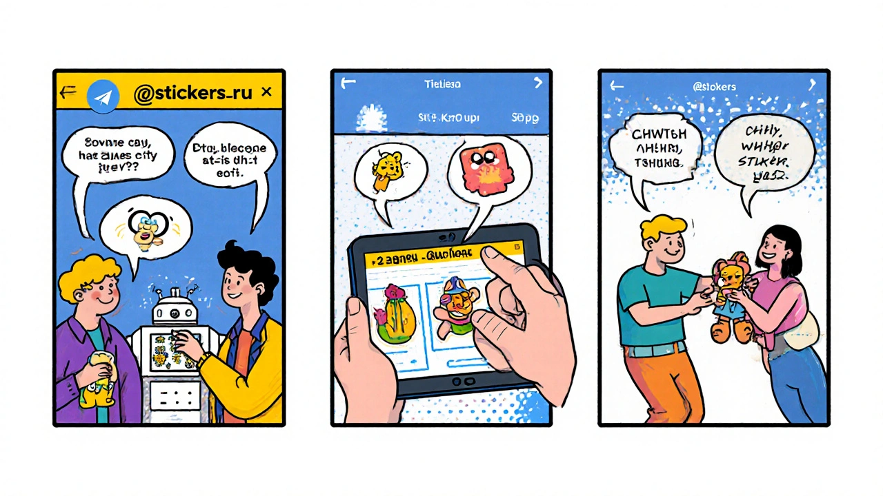 Комикс-стиль: пользователи находят стикеры через бота, канал и друга — без текста, только эмоции и действия.