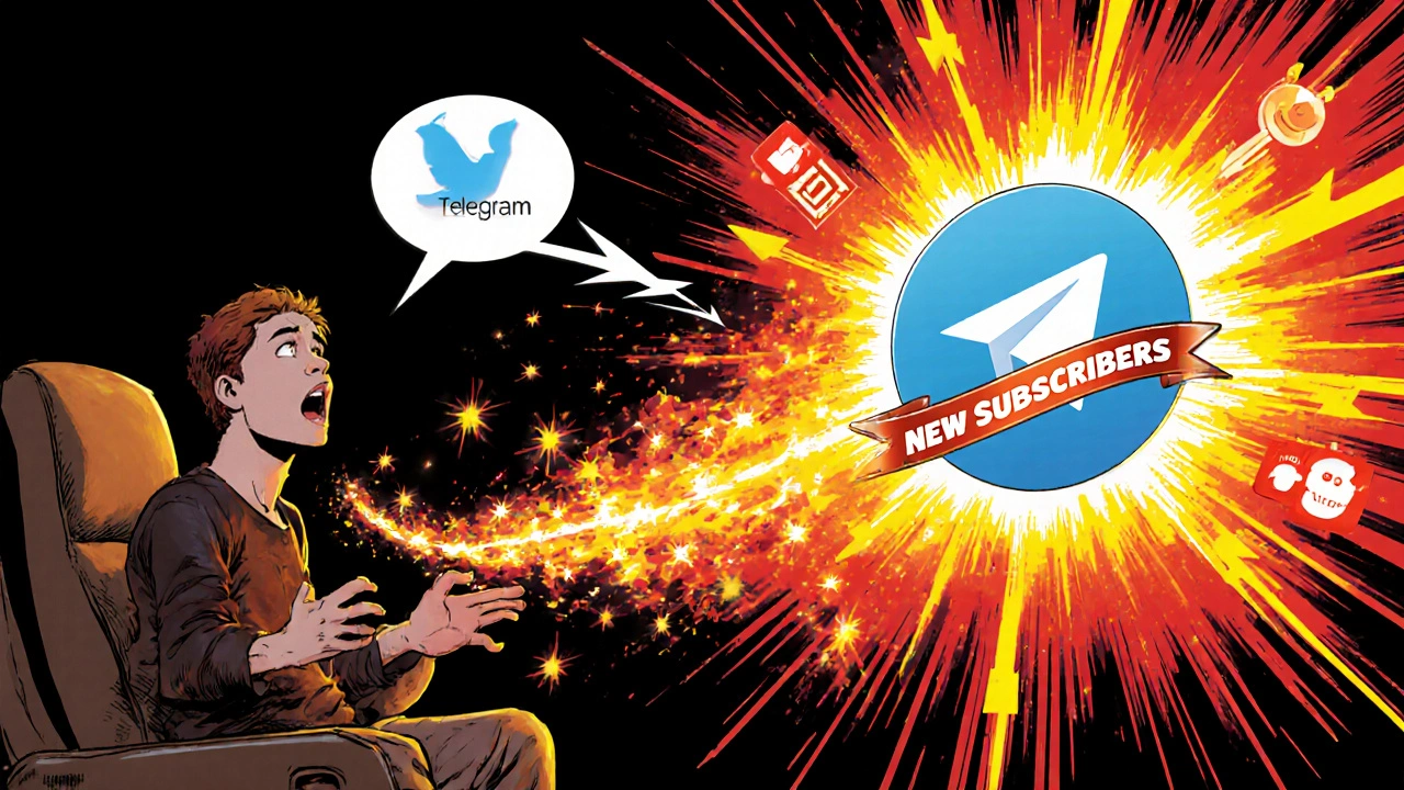 Комикс-стиль: владелец канала удивлён, как волна новых подписчиков врывается из соцсетей в логотип Telegram.