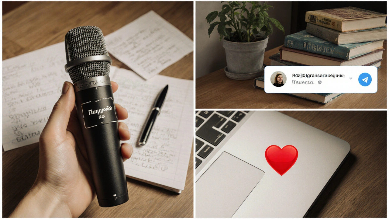 Композиция из предметов, купленных на донаты: микрофон, книги, растение и сообщение благодарности в Telegram.