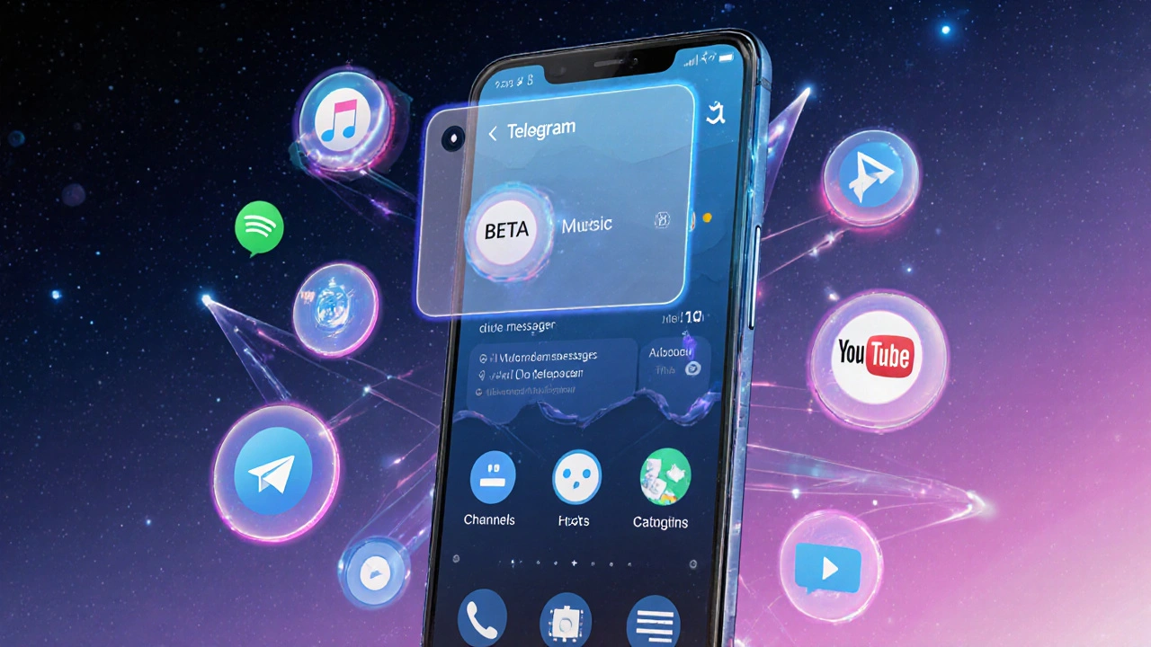 Концепт Telegram OS с основными функциями: чаты, боты, музыка и таймеры удаления сообщений.