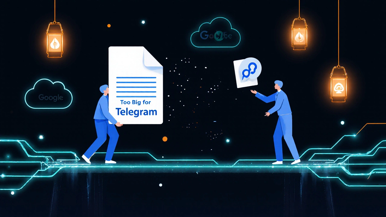 Концептуальная иллюстрация моста из ссылок, соединяющего большой файл и получателя через облачные сервисы.