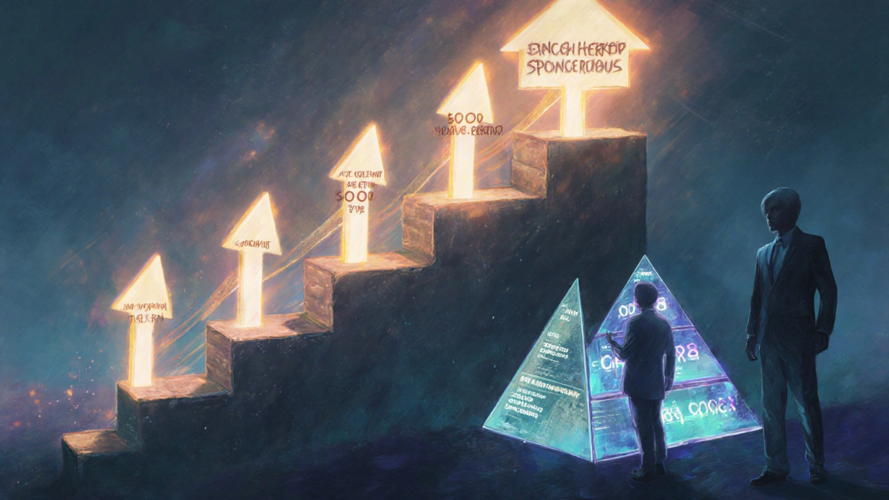 Лестница роста канала с бонусами спонсорства, ведущая от малой аудитории к крупной.