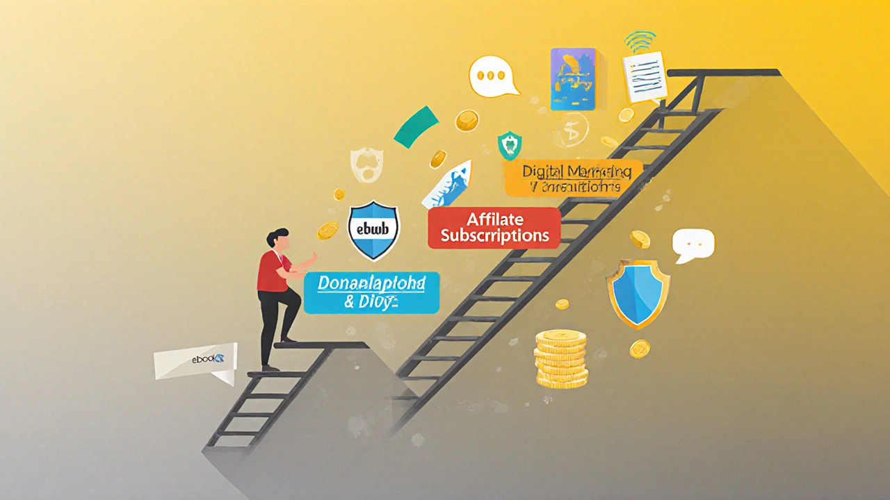 Лестница с шестью ступенями, каждая из которых представляет один из источников дохода в Telegram.