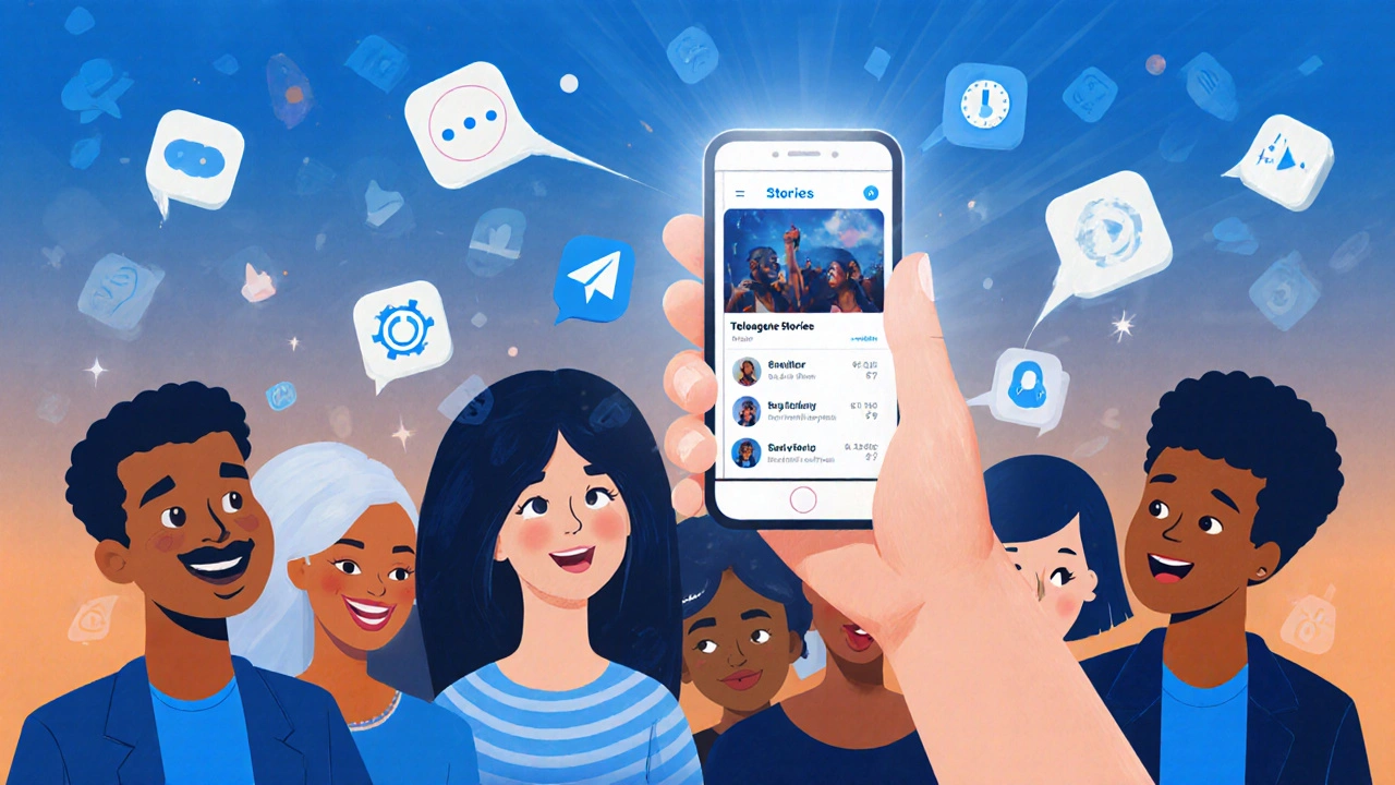 Люди смотрят на телефон с историями Telegram, над ними всплывают значки опросов и таймеров, символизируя живое общение.