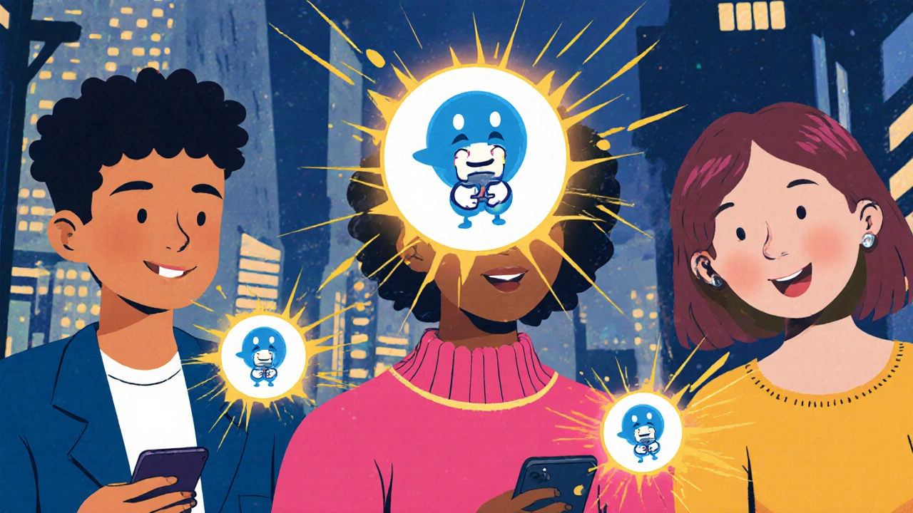 Люди в повседневных ситуациях отправляют одинаковые брендовые стикеры в чатах, стикеры светятся и выделяются на фоне города.