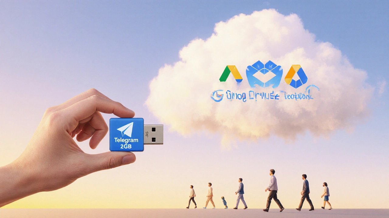 Маленький флеш-накопитель с лимитом Telegram рядом с огромным облачным хранилищем.