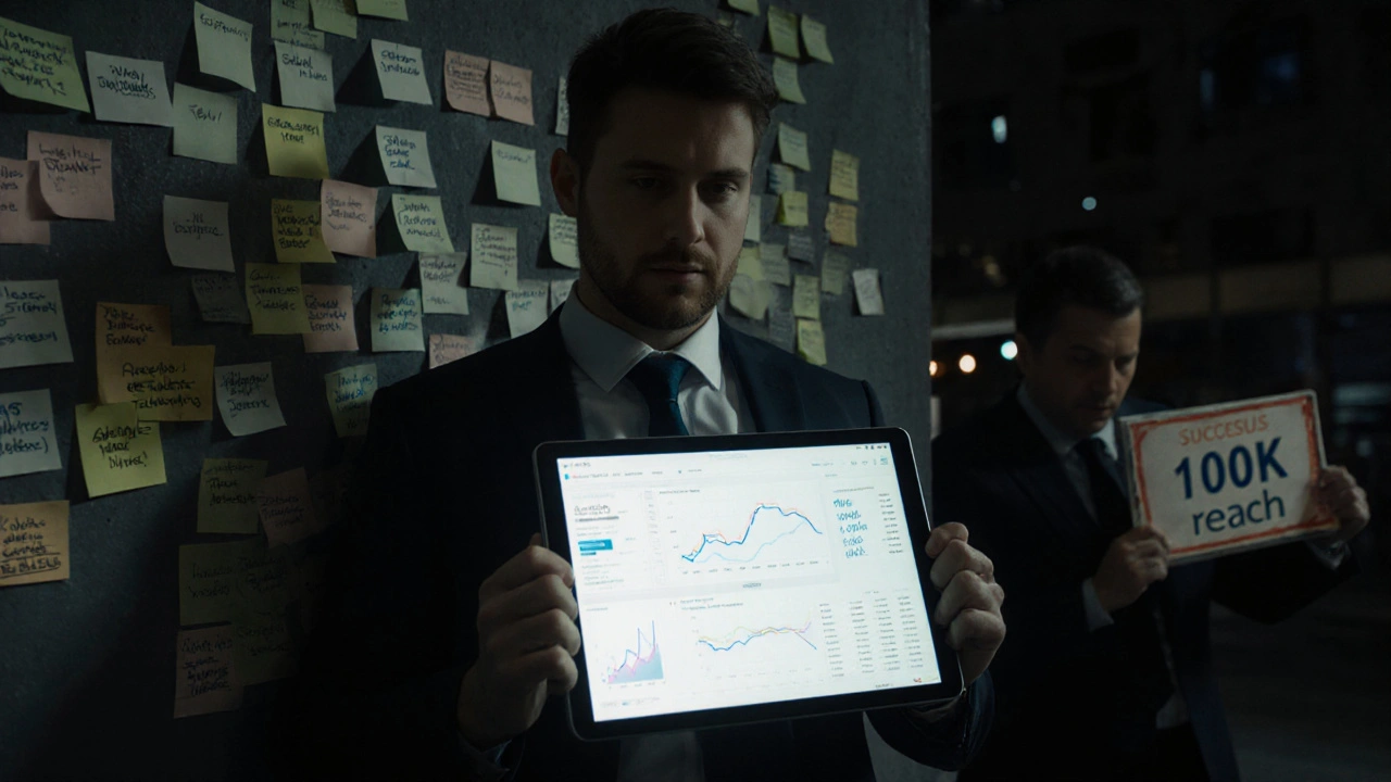 Маркетолог проверяет аналитику рекламы в Telegram, пока мошенник пытается скрыться.