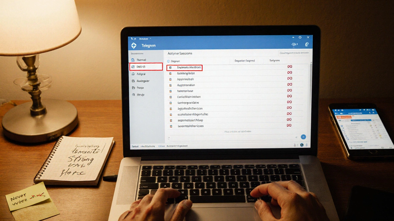 На экране ноутбука — список активных сессий Telegram с подозрительными устройствами, рядом — менеджер паролей.