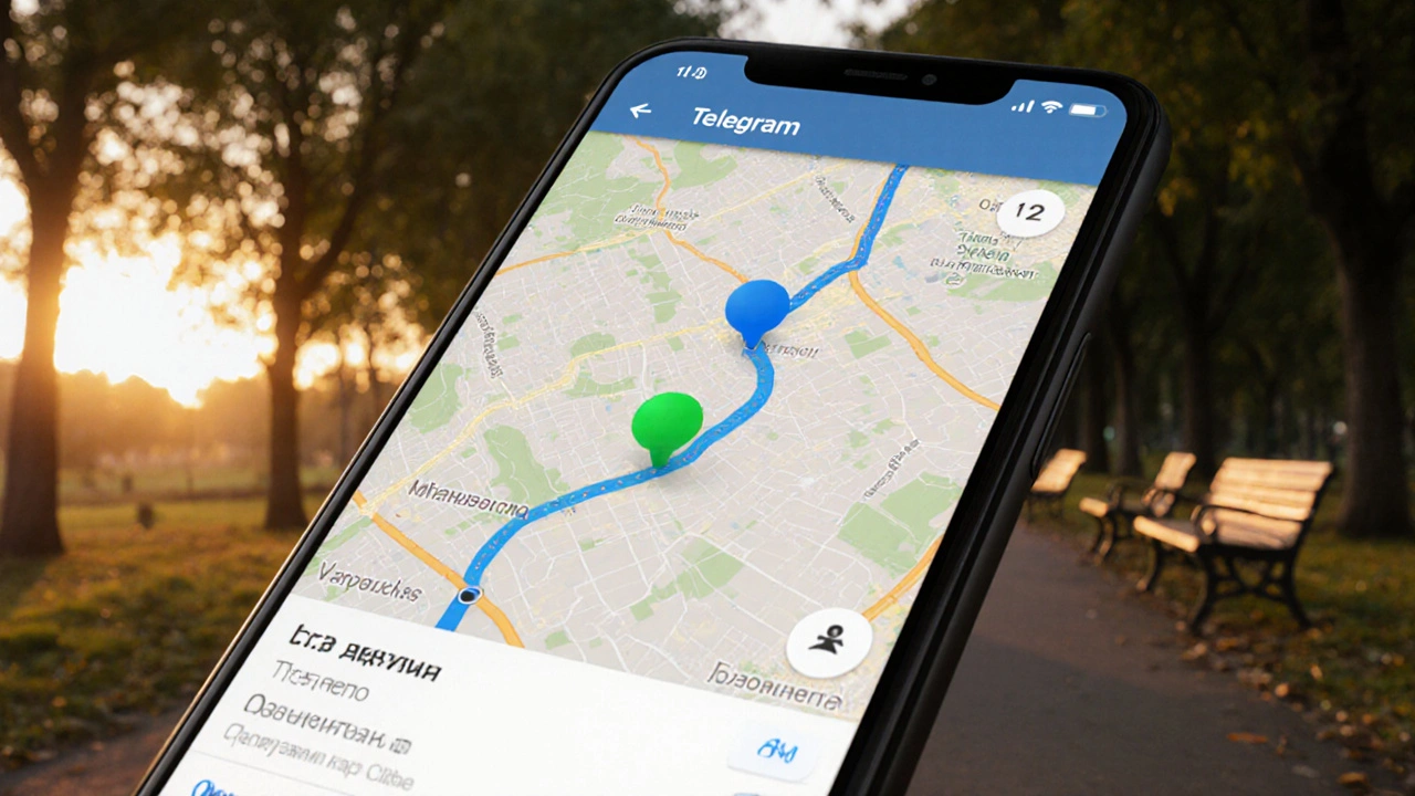 На экране телефона в Telegram две движущиеся метки сходятся в одной точке на карте парка с точностью до метра.
