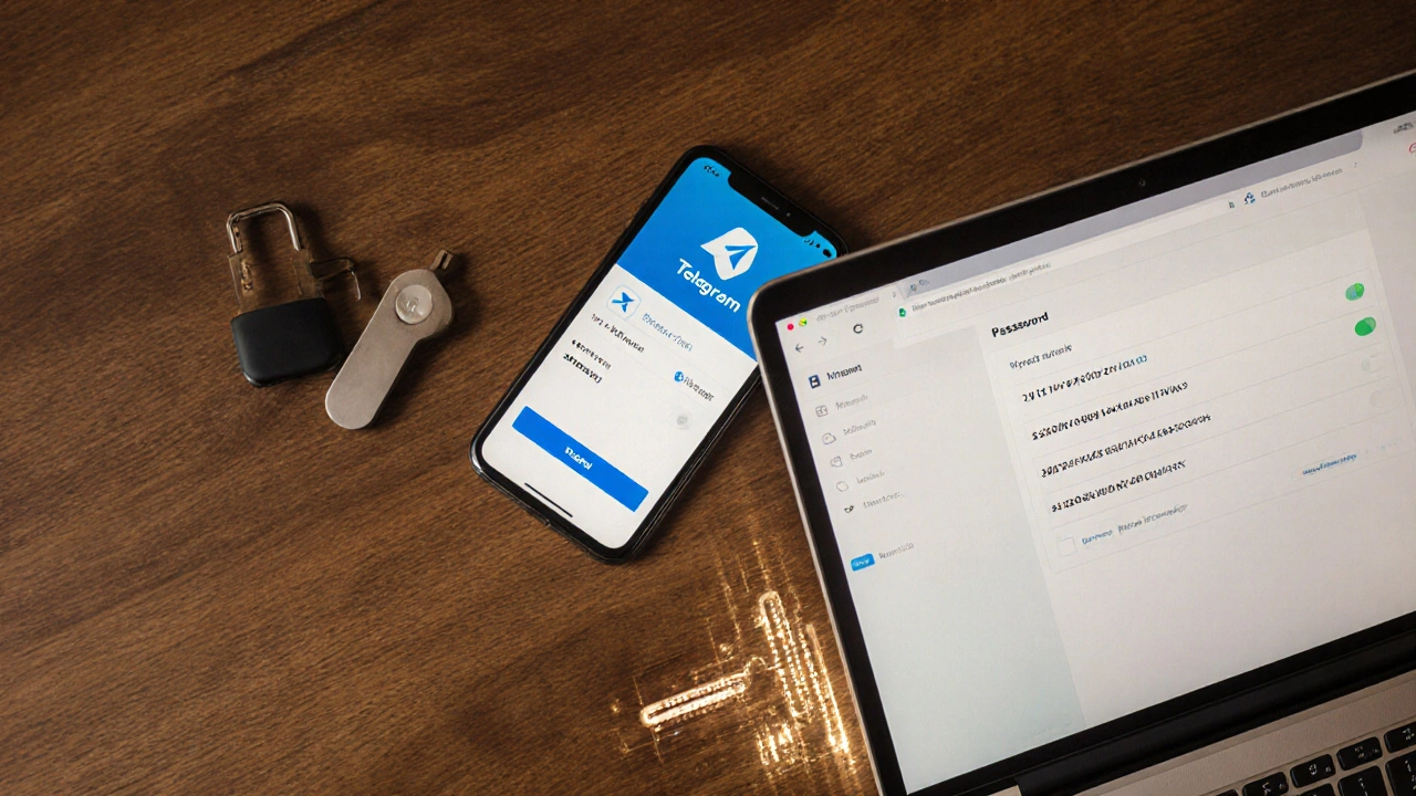 На столе — аппаратный ключ, телефон и ноутбук с менеджером паролей — символ надежной защиты.