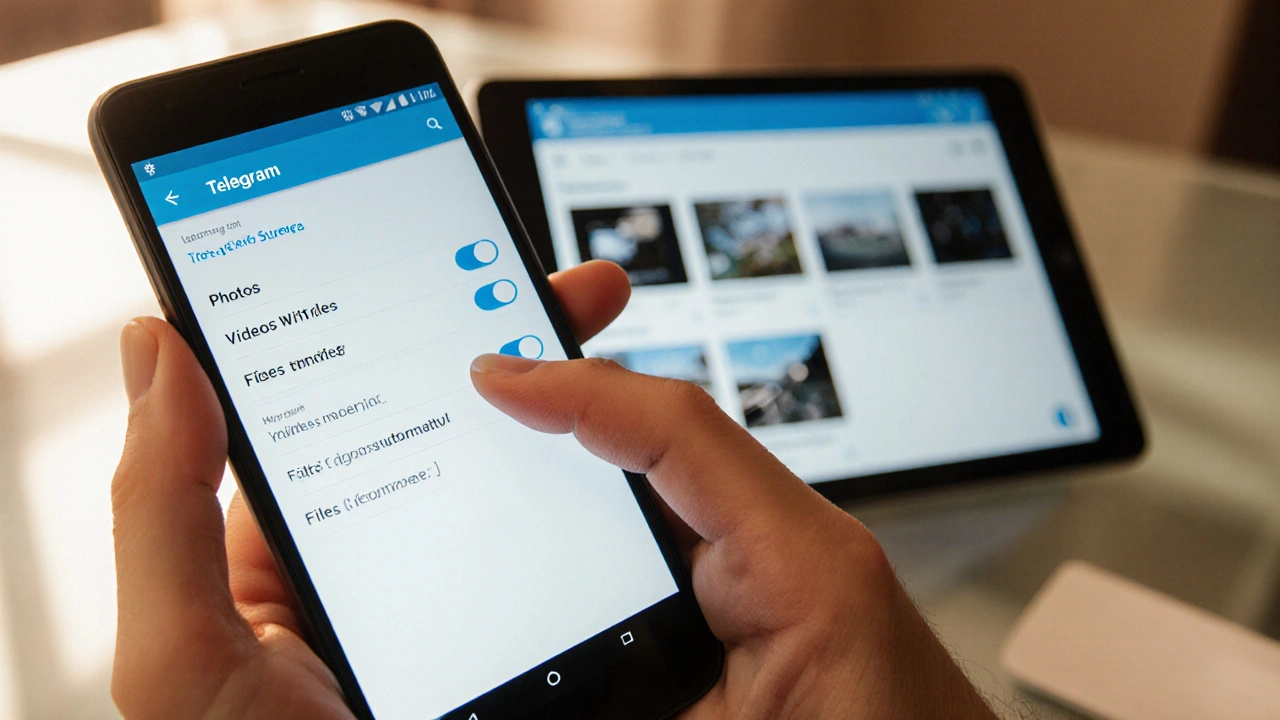 Настройки Telegram на телефоне: включены загрузка фото, видео и файлов для Wi-Fi и мобильного интернета.