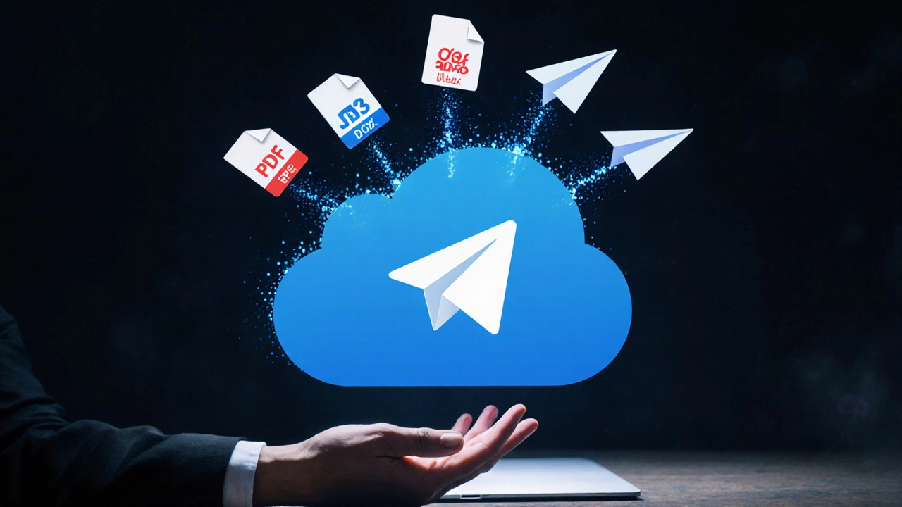 Облако в форме логотипа Telegram с файлами, поднимающимися в него, на тёмном фоне.