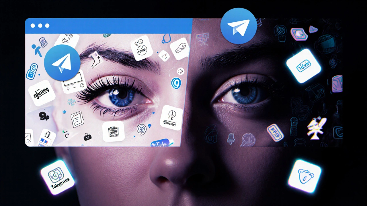 Отражение глаз в интерфейсе Telegram: один видит напряжение от белых стикеров, другой — комфорт с прозрачными.