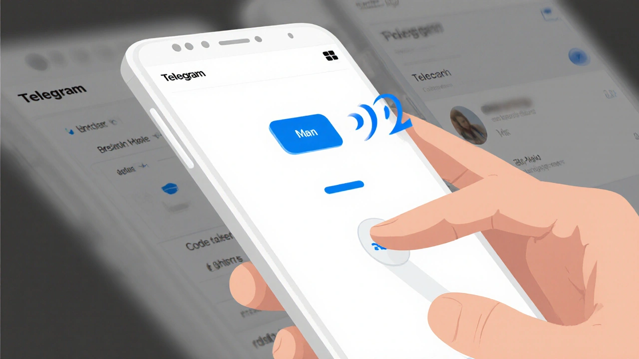 Палец пользователя нажимает на синюю кнопку размером 48x48 пикселей в интерфейсе Telegram