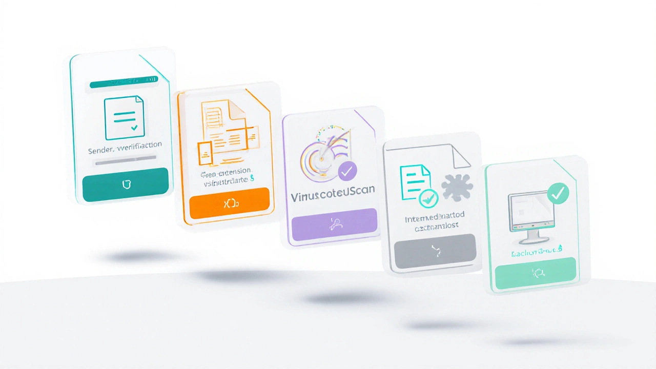 Пять иконок безопасности: проверка отправителя, расширение файла, сканирование, отключение интернета, резервная копия.