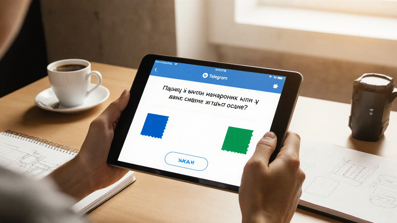 Планшет с опросом в Telegram о цвете упаковки, синий и зелёный варианты, на столе кофе и эскизы.
